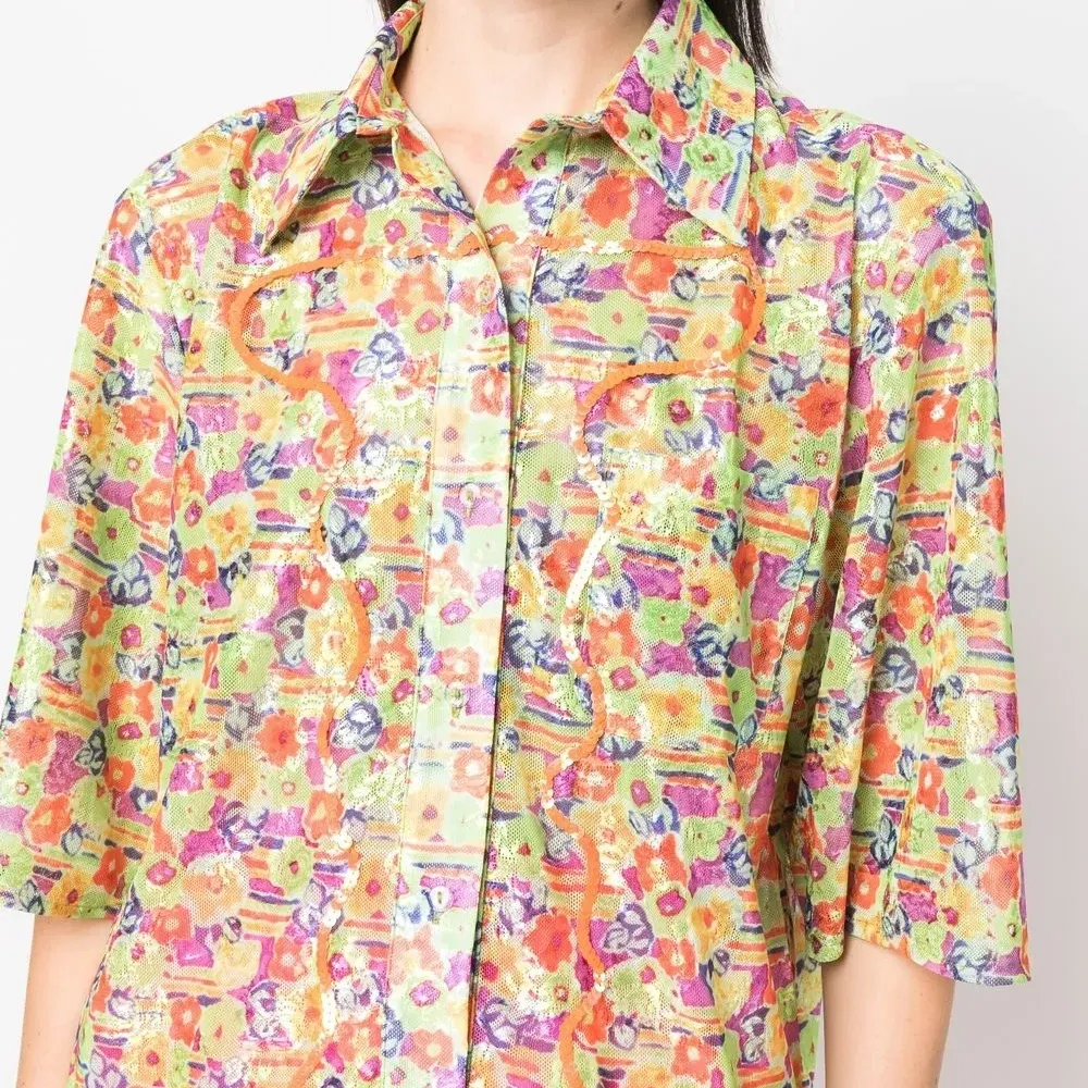 Рубашка с пайетками и цветочным принтом