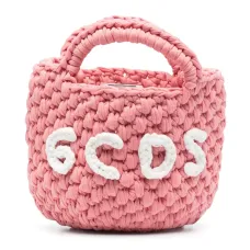 Маленькая сумка-ведро в технике кроше с логотипом