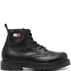 Logo-patch lace-up leather boots