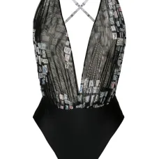 Text-print V-neck bodysuit