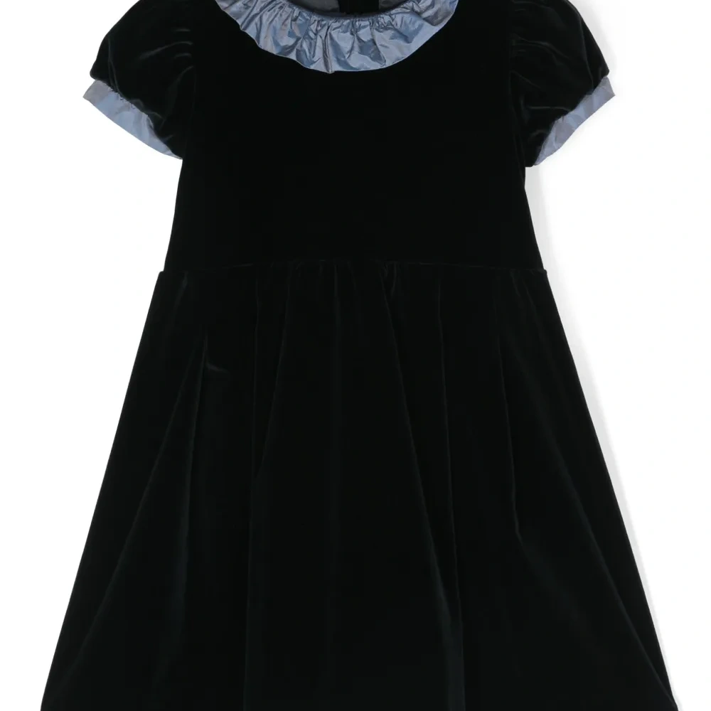 Ruffled-trim short-sleeve velvet dress