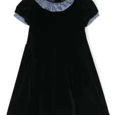 Ruffled-trim short-sleeve velvet dress