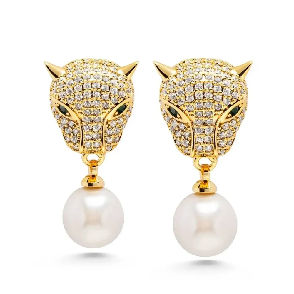 Позолоченные серьги-подвески Panther с жемчугом