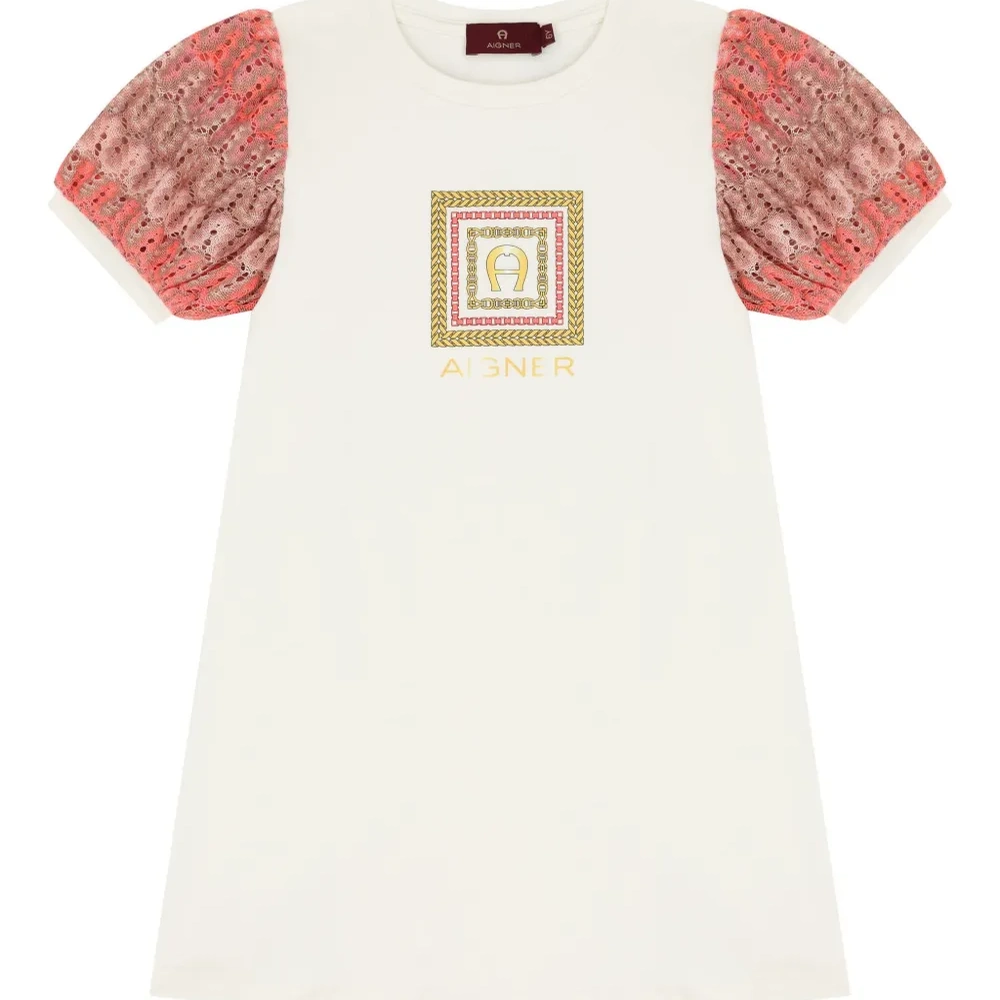 Платье с рукавами в технике кроше и принтом