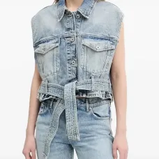 Джинсовая куртка без рукавов с поясом