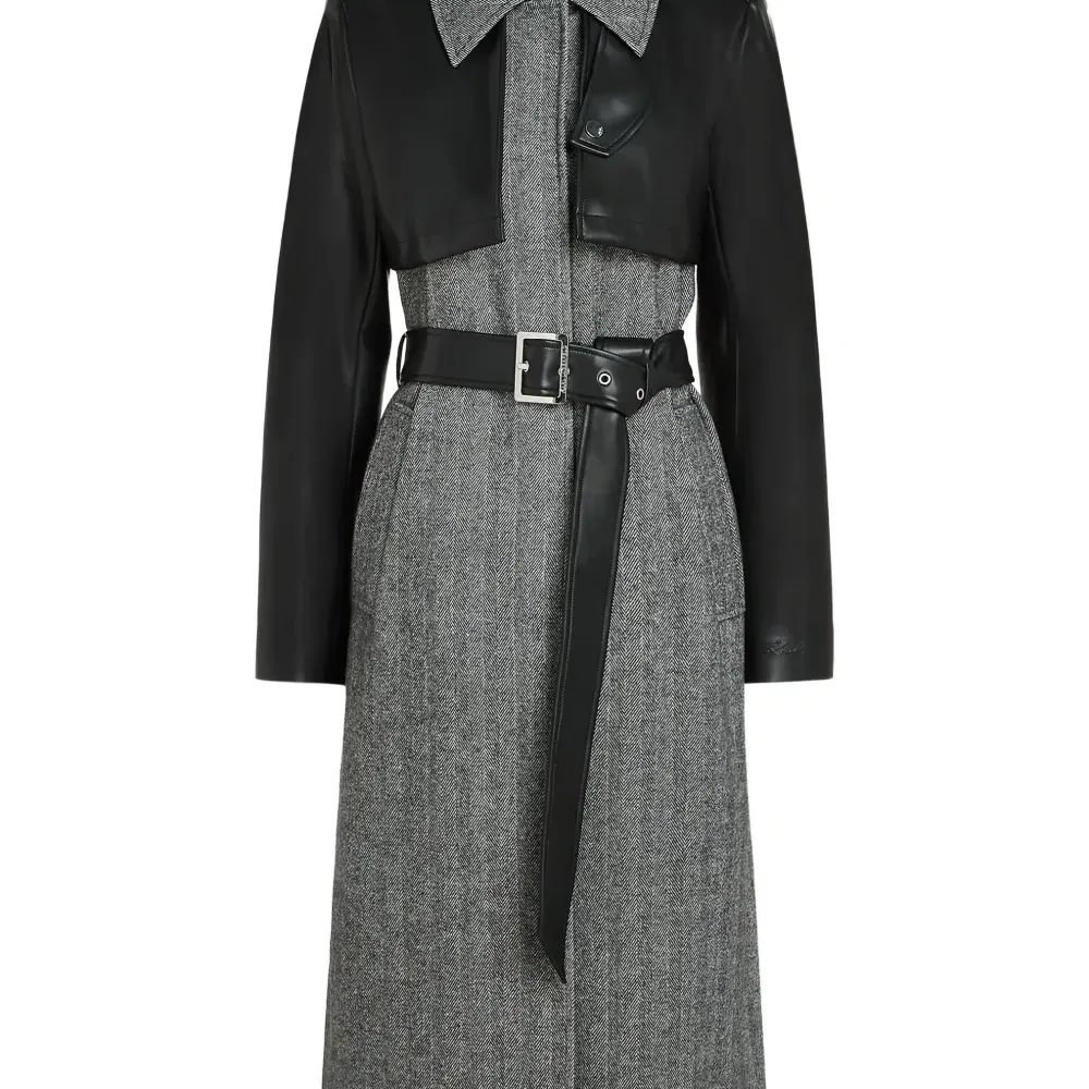 Пальто с поясом и узором в елочку