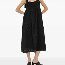 Платье миди с перфорацией и завязками на бретелях