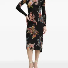 Платье миди в рубчик с принтом