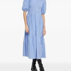 Полосатое платье-рубашка миди с объемными рукавами Полосатое платье-рубашка миди с объемными рукавами