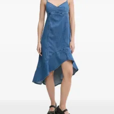 Джинсовое платье миди асимметричного кроя с оборками