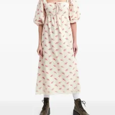 Платье миди с цветочным принтом и объемными рукавами