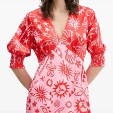 Платье миди с V-образным вырезом и графичным принтом Платье миди с V-образным вырезом и графичным принтом