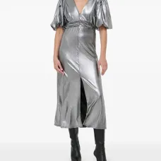 Платье миди с объемными рукавами и эффектом металлик