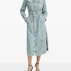 Джинсовое платье-рубашка миди с поясом Джинсовое платье-рубашка миди с поясом
