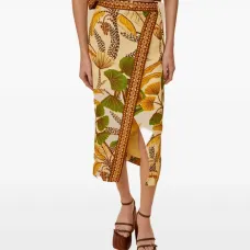 Миди-юбка с запахом и принтом "листва" в стиле эскиза