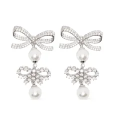 Серьги с двойным бантом и жемчужной подвеской