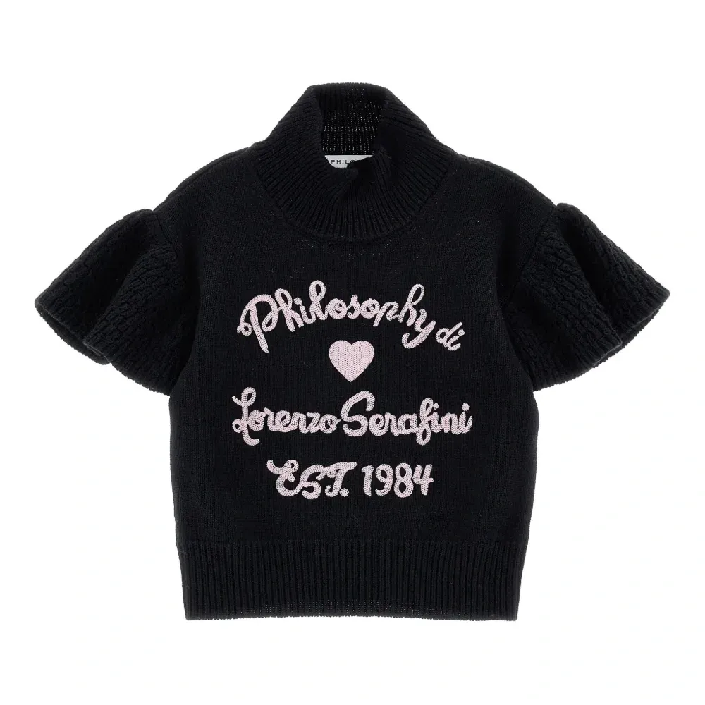 Ruffled-sleeve embroidered sweater