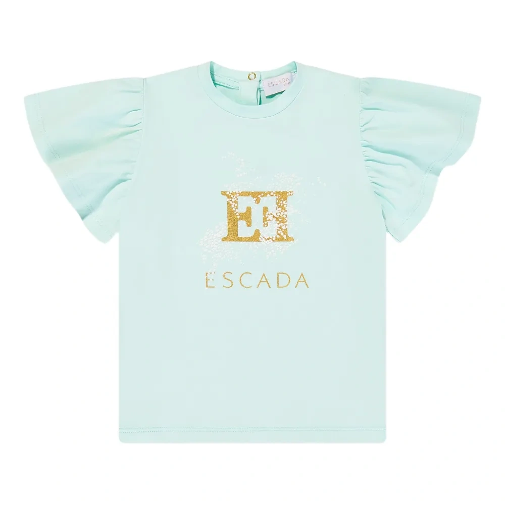 Футболка с оборками на рукавах и принтом-логотипом