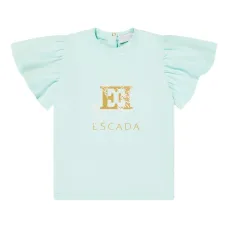 Футболка с оборками на рукавах и принтом-логотипом