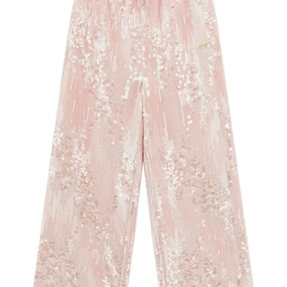 Брюки прямого кроя, украшенные пайетками