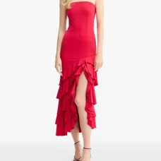 Платье миди без бретелек с оборками