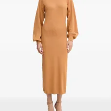 Платье миди в рубчик с объемными рукавами