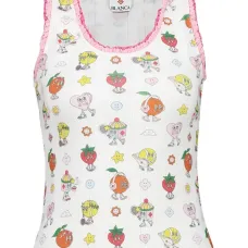 Топ-майка с принтом и отделкой оборками Топ-майка с принтом и отделкой оборками