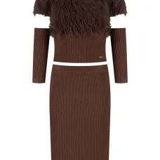 Комплект из трикотажной юбки в рубчик с искусственным мехом