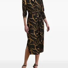 Креповое миди-платье-рубашка с принтом в виде ремней