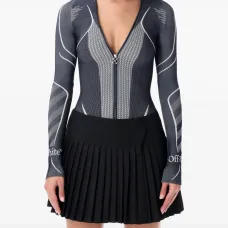 Боди с длинными рукавами, бесшовное, на молнии, с диагональным узором Боди с длинными рукавами, бесшовное, на молнии, с диагональным узором