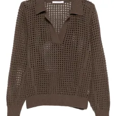 Вязаный топ с ажурным узором и воротником поло