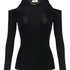 Футболка с открытыми плечами и цепочным декором