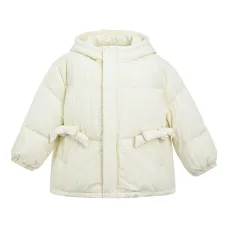 Стёганное пальто с аппликацией в виде банта и карманами