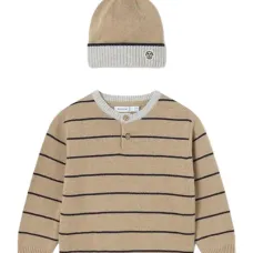 Комплект из полосатого свитера на пуговицах и шапки Комплект из полосатого свитера на пуговицах и шапки