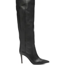 Кожаные сапоги до колена с зауженным носком и каблуком 90 мм