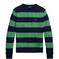 Кабельный вязаный свитер в полоску