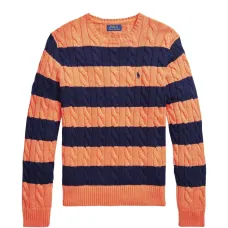 Кабельный вязаный свитер в полоску