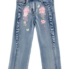 Джинсы с оборками и цветочной вышивкой