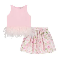 Комплект с юбкой, украшенной перьями и розами