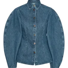 Джинсовая рубашка приталенного кроя с пышными рукавами