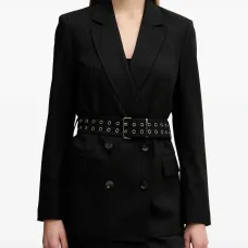 Жакет в полоску на поясе с V-образным вырезом