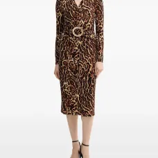 Миди-платье с поясом и анималистичным принтом
