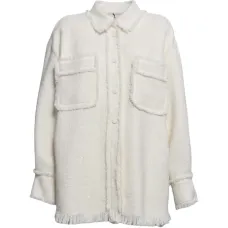 Твидовый жакет-рубашка с бахромой и накладными карманами Твидовый жакет-рубашка с бахромой и накладными карманами