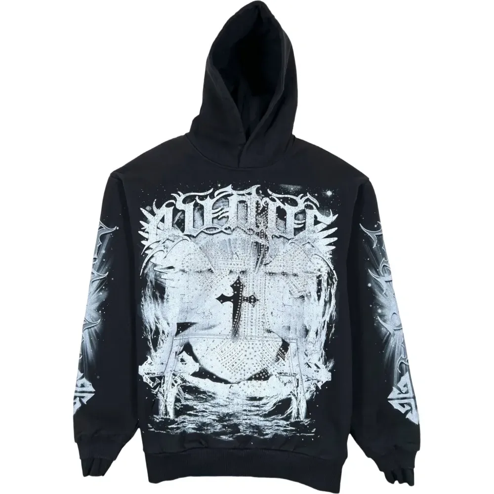 Черное худи Heavens Vault V3 с декоративными кристаллами и графическим принтом Черное худи Heavens Vault V3 с декоративными кристаллами и графическим принтом