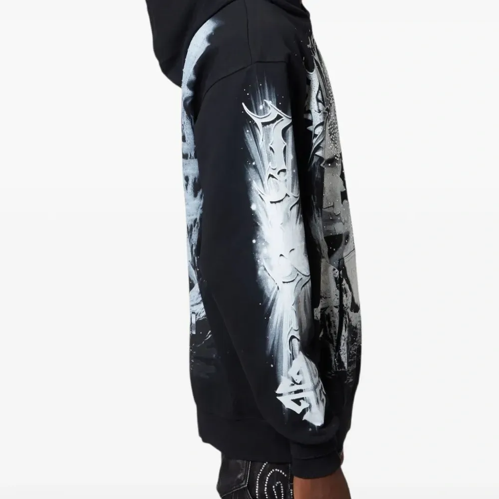 Черное худи Heavens Vault V3 с декоративными кристаллами и графическим принтом Черное худи Heavens Vault V3 с декоративными кристаллами и графическим принтом