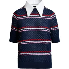 Вязаный топ в полоску с воротником, украшенным стразами