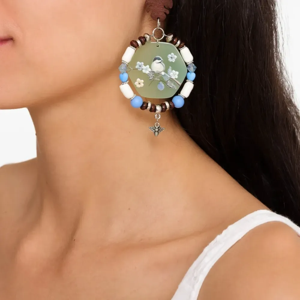 Серьги-подвески с кулонами в виде птиц