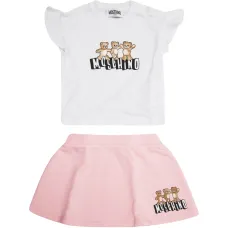 Комплект: футболка с оборчатыми рукавами и принтом мишки и юбка