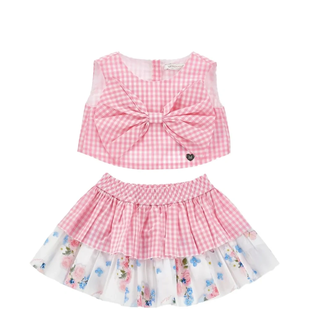 Комплект из топа и юбки в клетку с бантом