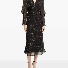 Платье миди с V-образным вырезом и рукавами-фонариками Платье миди с V-образным вырезом и рукавами-фонариками